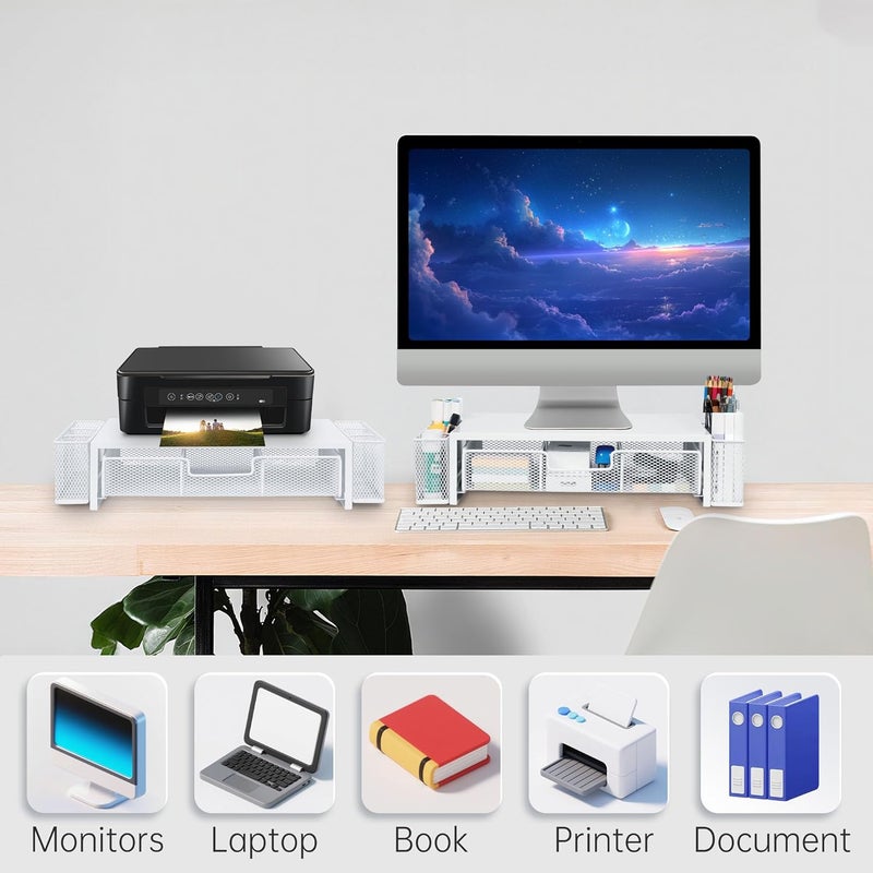 Qupui Computer Monitor Stand Riser with Drawer and Pen Holders, Desk Organizer Shelf and Accessories, Office Desk Accessories, Office Organization, White - Image 5